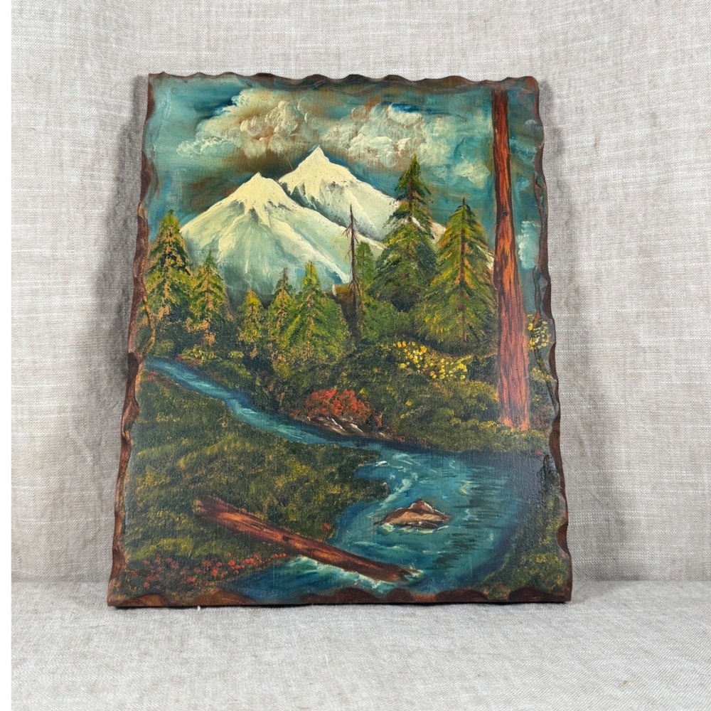 Oil Painting Vintage Good Mountain Landscape River Scene Live Edge Wood Plaque